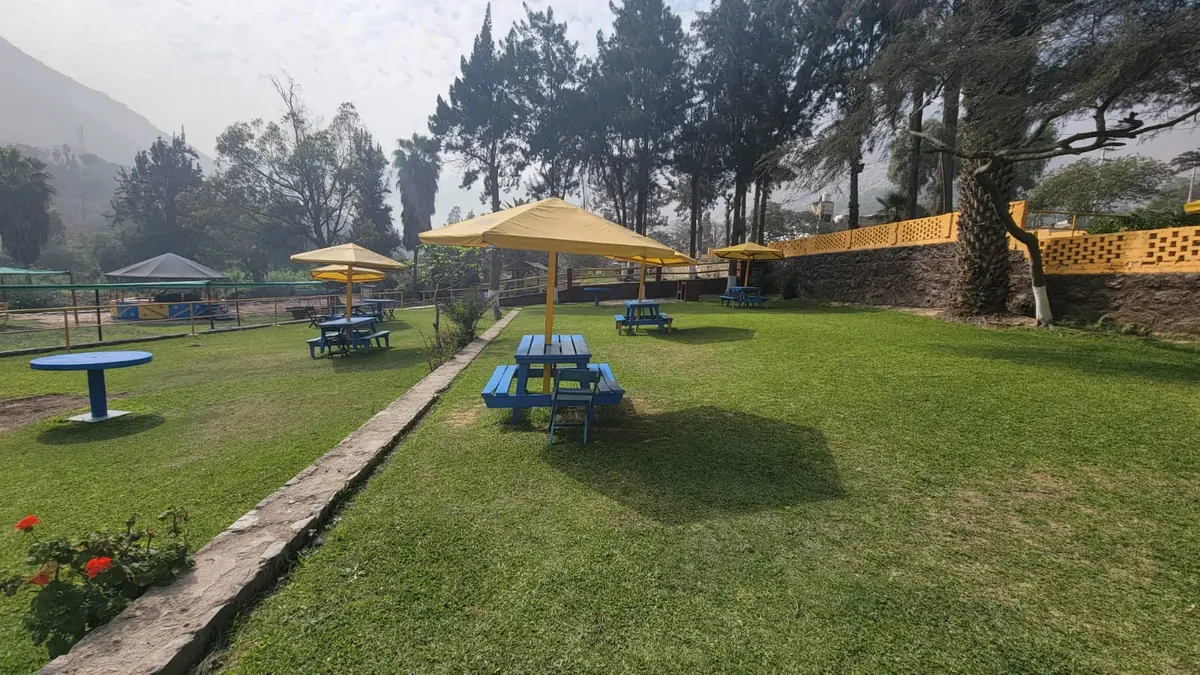 Jardín con parasoles y área de descanso
